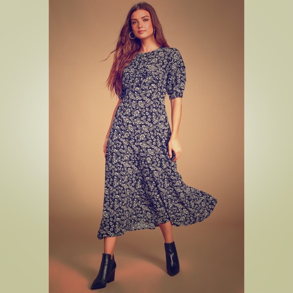 Free Ppl Black Floral Print Puff Sleeve Midi Dress